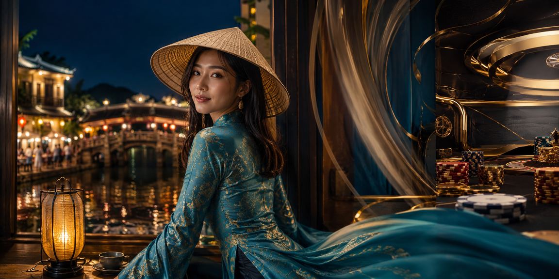 Khung cảnh phố cổ Hội An về đêm, người dùng trải nghiệm casino và jackpot trực tuyến trên mobile