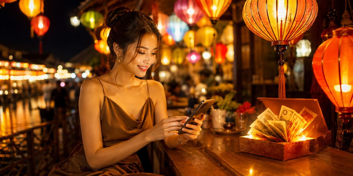 Người dùng tại Hội An đọc mẹo cá cược và tham khảo chiến lược trên điện thoại bên tách cà phê